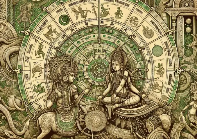 Vedic Astrology chart and meditation symbols representing cosmic alignment