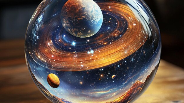 planets reflecting through glass ball